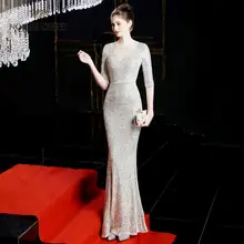 evening dresses gold mermaid elastic sequin beading party dress sexy long prom gown with half sleeves