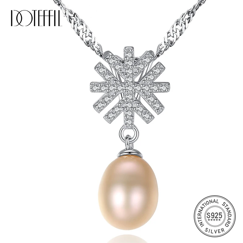 DOTEFFIL New 925 Silver Chain Water-Wave Snowflake Pearl Necklace Pendant Natural Freshwater Jewelry Link Women Gift | Украшения и