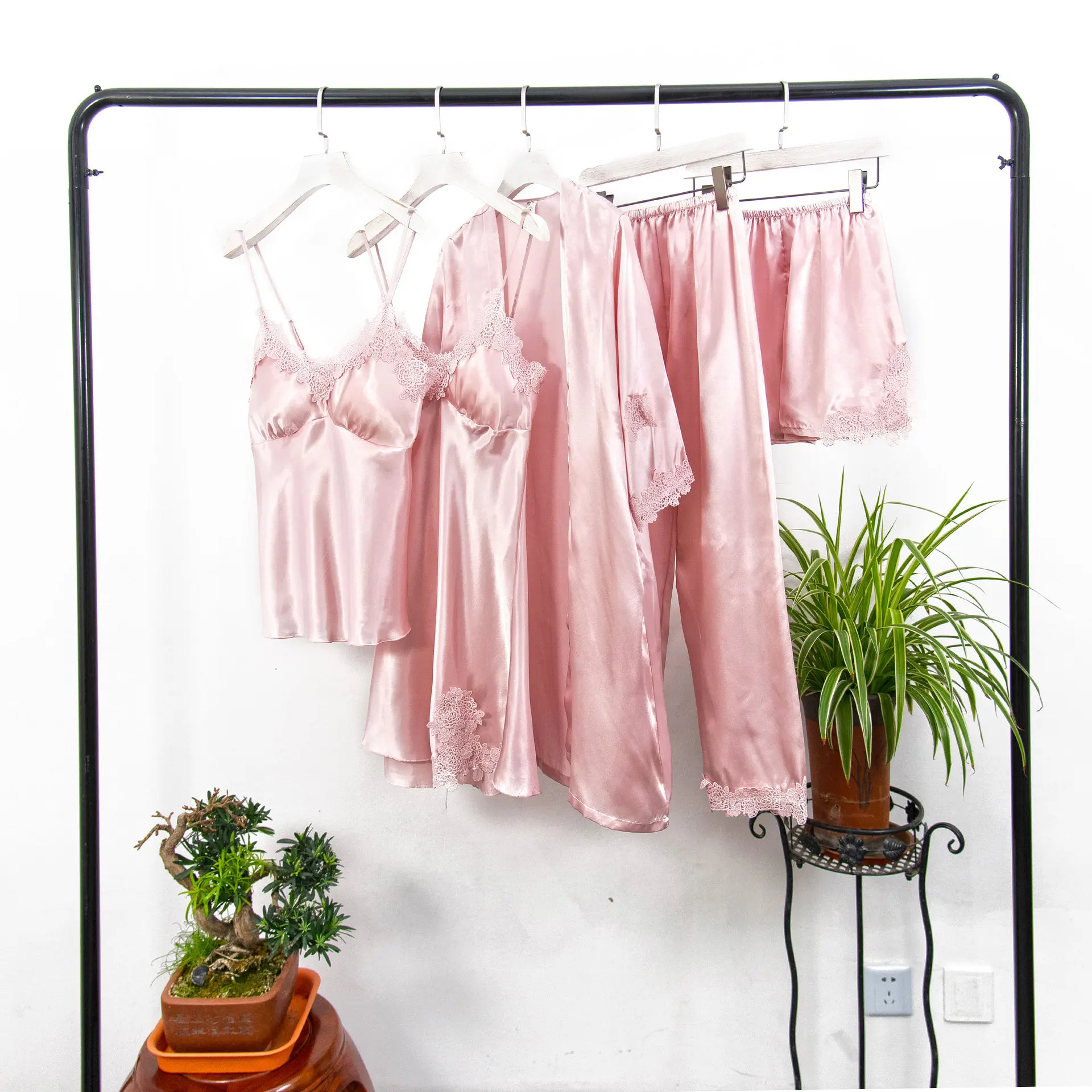 Осенние женские пижамы, 5 шт. в комплекте, женский сексуальный Шелковый Атласный пижамный комплект, пижама с кружевами, женские пижамы, ночные костюмы, домашняя одежда для женщин - Цвет: Pink
