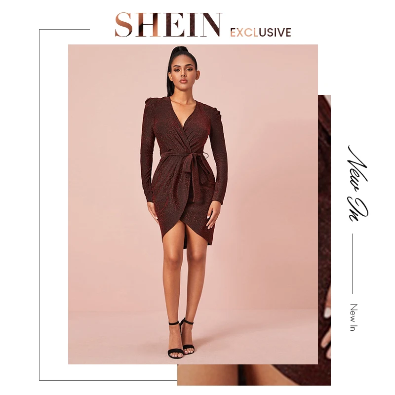 SHEIN Бургундия с поясом обёрточная бумага Блеск Bodycon Вечерние платья для женщин осень сплошной V образным вырезом с длинным рукавом облегающие Короткие гламурные платья