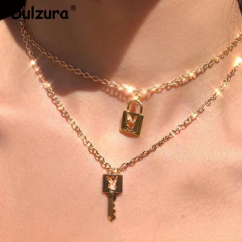 

Harajuku Girls Rabbit Key Lock Pendant Necklaces Ins Hot Bunny Lovers Choker Women Necklace Punk Street Style Gold Chain Unisex