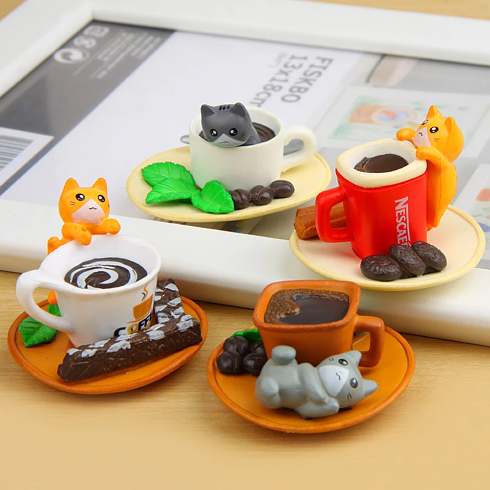 6Pcs/Set Coffee Cup Toast Cats Figurines Crafts Miniature Fairy Garden Decor New