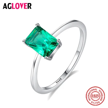 

100% 925 Sterling Silver Ring Rectangular Green Zircon Glamour Jewelry Minimalism Ring For Fashion Girls Wedding Party Gifts