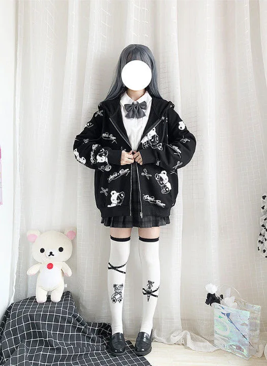 Anime JK Uniform Cosplay Lolita Clothing Monokuma Harajuku Women Coats Kawaii Spring Black Top Japanese Style Hoodies