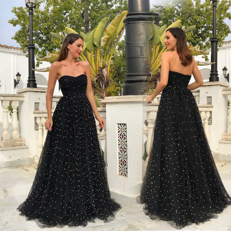 

Women Maxi Dress Tube Tops Off Shoulder Backless Black Mesh Tulle Celebrate Evenig Clothing Party Wear Sexy Gold Sequined Dress
