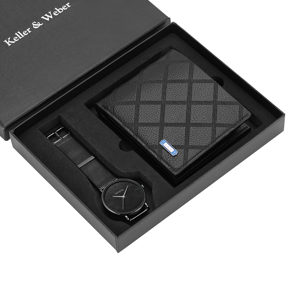 Beste Business Mannen Horloges Roestvrij Stalen Band Mannen Quartz Horloge Lederen Portemonnee Gift Set voor Vriendje Vader Echtgenoot Hot Koop 2019