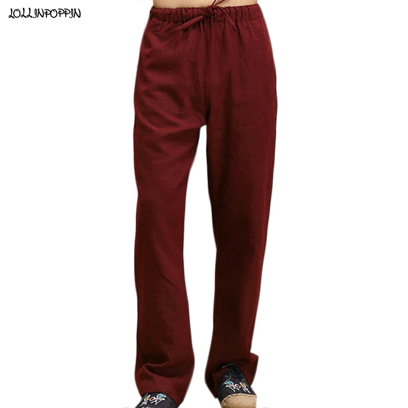 

Solid Color 100% Linen Casual Pants Men 2020 Drawstring Elastic Waist Straight Fit Trousers Comfortable Wear