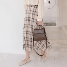 Женская юбка винтажная клетчатая средняя удлиненная юбка эластичная высокая талия плиссированная юбка молочный чай цвет Повседневная одежда