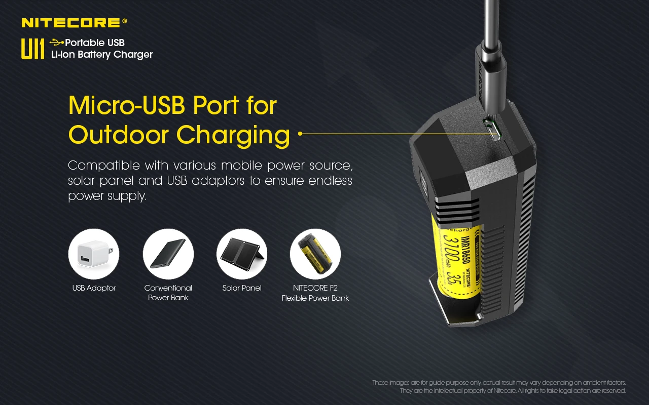 NITECORE UI1 Portable USB Li-ion Battery Charger DC 5V/1A 5W Li-ion/IMR 21700 Battery Recharger CompatibleWith 18650 16340 14500