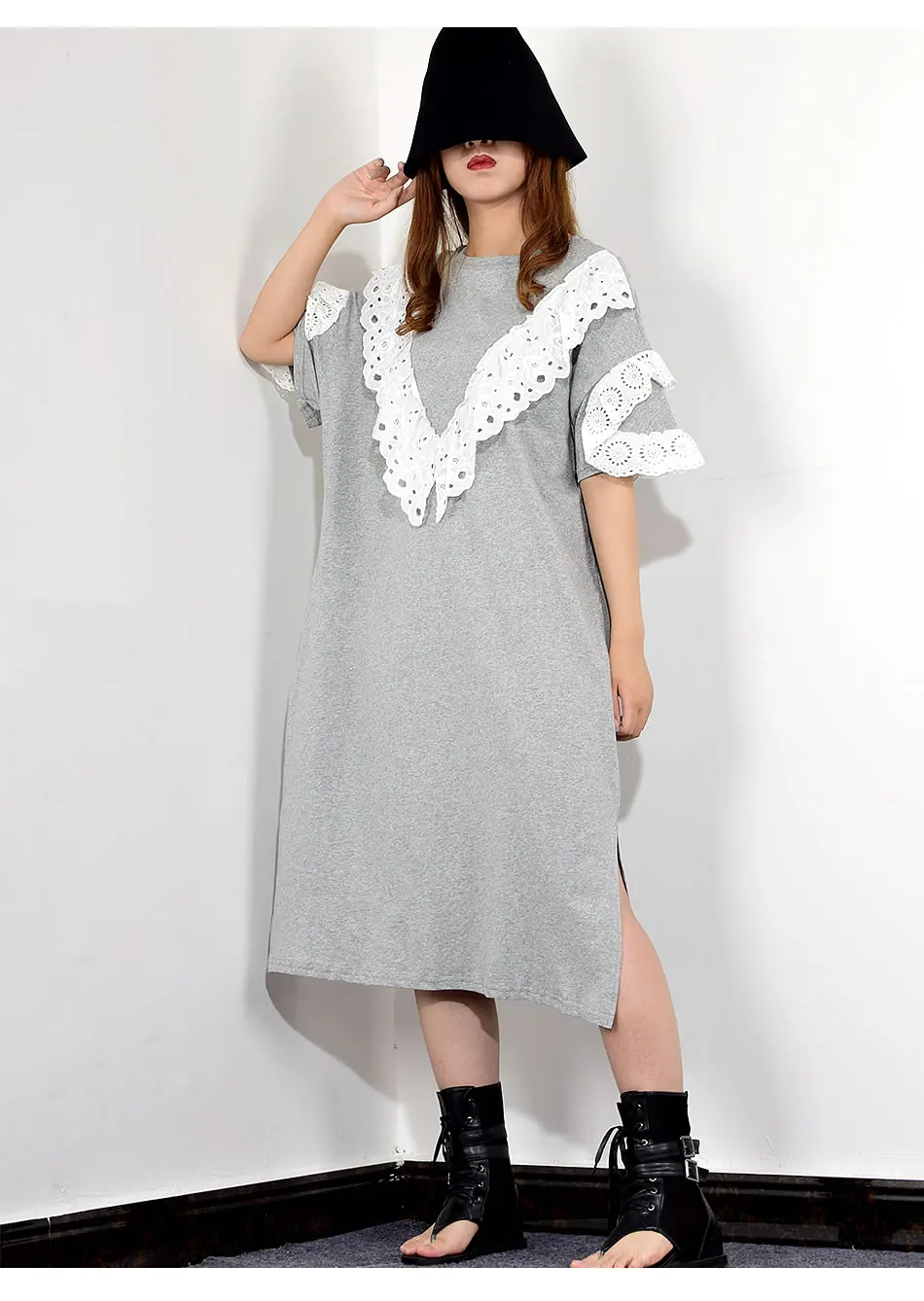 XITAO Patchwork Hollow Out Lace Midi Dress Women Korean Fashion Clothes Pullover Short Sleeve Match All Summer New WBB3996