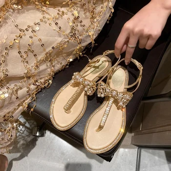 

Gold Buckle Strap Sandals Women Flip Flop Summer Shoes Crystal Pearl Leather Flats Butterfly Design Fashion Sandals