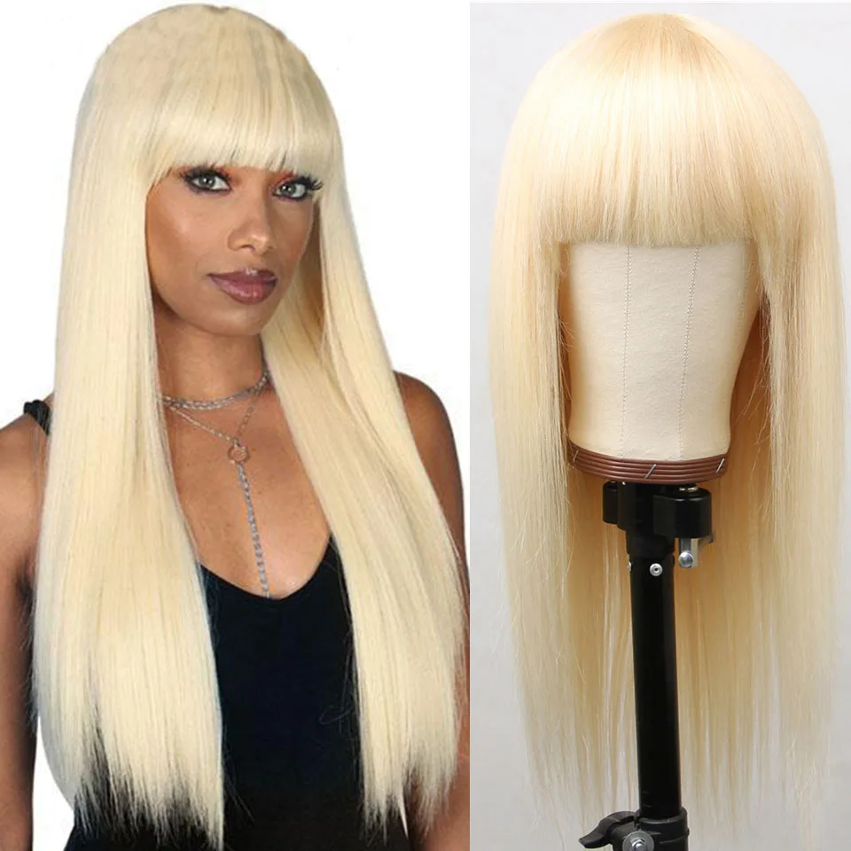613 блонд человеческие волосы парики с челкой прямые Полный машинный парик 150%
