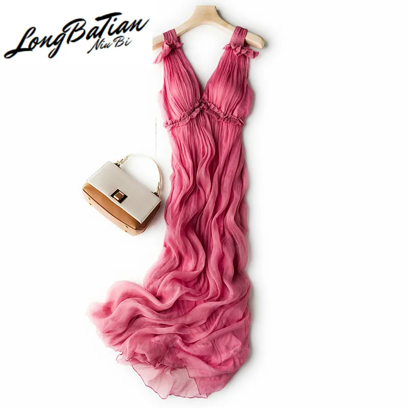 Boho Women Summer 100% Real Silk Dresses Elegant