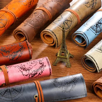 

1Pc new Vintage Pirate Roll Up Imitation Leather Pen Pencil Case Bags Treasure Map Gift Make up Cosmetic Bag School Supplies
