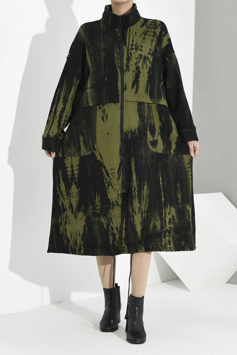 low cost  [EAM] Loose Fit Green Pattern Big Size Long Jacket New Stand Collar Long Sleeve Women Coat Fashion 