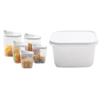 

1SET Square Freshness Preservation Drain Seal Box White & 5Pcs Food Storage Box Clear Container Set with Pour Lids