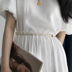 Fashion Legant Ladies Thin Beaded Waist Chain Metal Adjustable Lmitation Pearl Four Seasons Belt Pearl Accessories Formal Strap