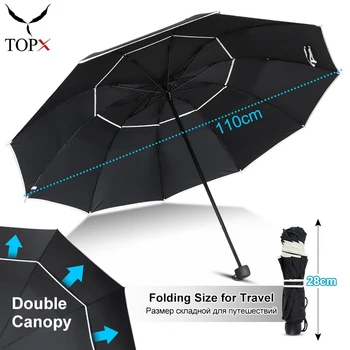

110cm Umbrella Rain Women Men Double Layer Strong Wind Resistant 10Ribs Big Quality 3Folding Umbrella Travel Waterproof Umbrella