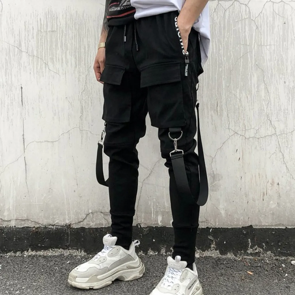 38# Men Cargo Pant Side Pockets Pencil Hip Hop Patchwork Ripped Harajuku Sweatpants Casual Jogger Trousers Pantalones Homme | Мужская