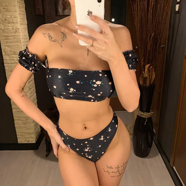 2022 Floral Off Shoulder Bikini Female Swimsuit Women Swimwear Two