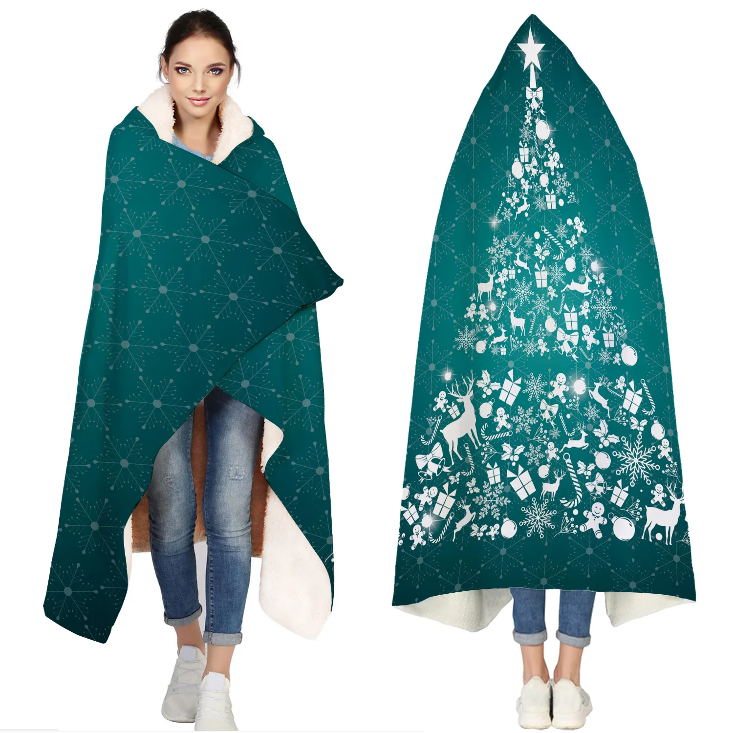 

Green Merry Christams Portable Wearable Fluffy Custom Hooded Blanket Fleece Hooded Throw WrapBed Blanket