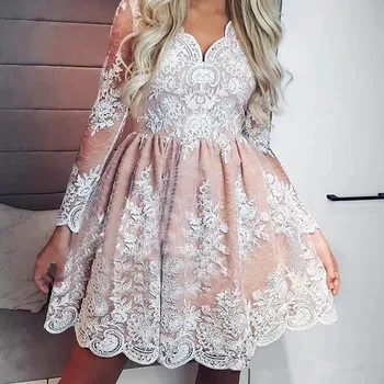 

Arabic Lace Appliqued cocktail party dresses Long Sleeves V Neck Mini A Line Sweet Special Occasion Dresses With Zipper Back