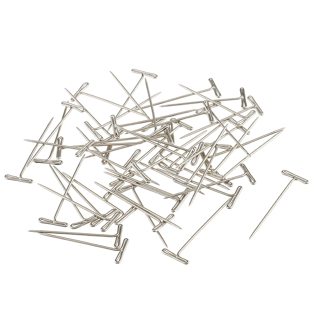 A Box of 50 Pieces T Shape Needles Pins for Wigs Hair Weaving Tools Sewing Crafts 38mm silver color