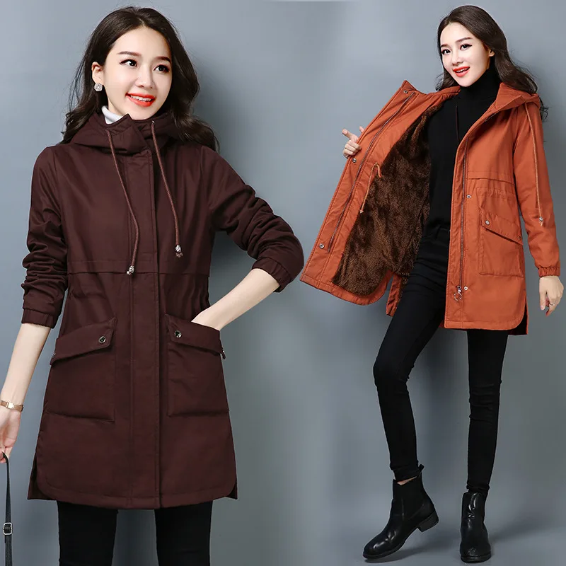 

2018 Winter New Style Solid Color Brushed And Thick Mid-length Elegant Hooded Cotton-padded Clothes Korean-style Slimming Cotton