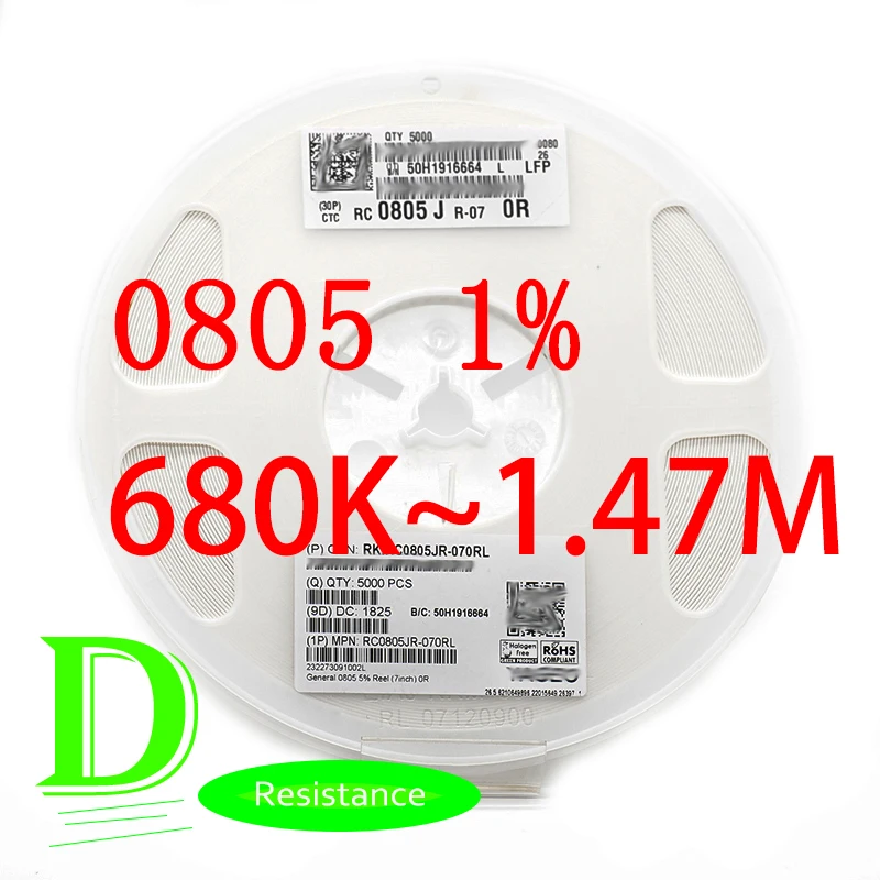 100PCS SMD Резистор серии RC 0805 1% оригинальный RC0805FR-07 680k-1 47 M Все резисторы 680K 750K 820K 910K 1 м