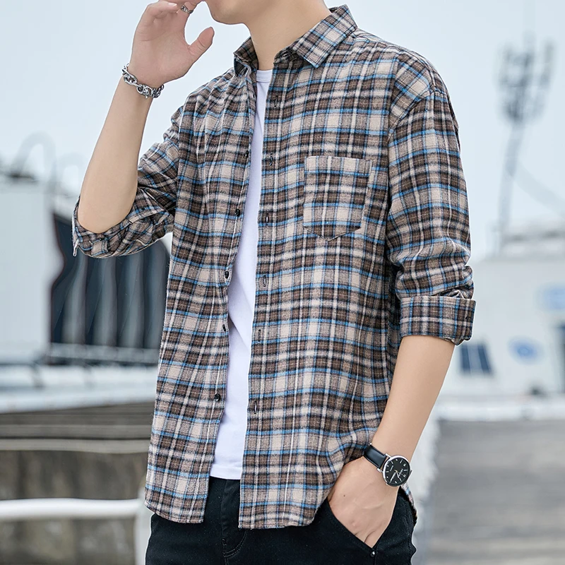 Männer Kariertes Hemd Flanell Langarm Streifen Shirts Straße Tasche Japan Baumwolle Lose Slim Fit Männlichen Beiläufigen Weichen Smoking Formale hemd – Detail 12