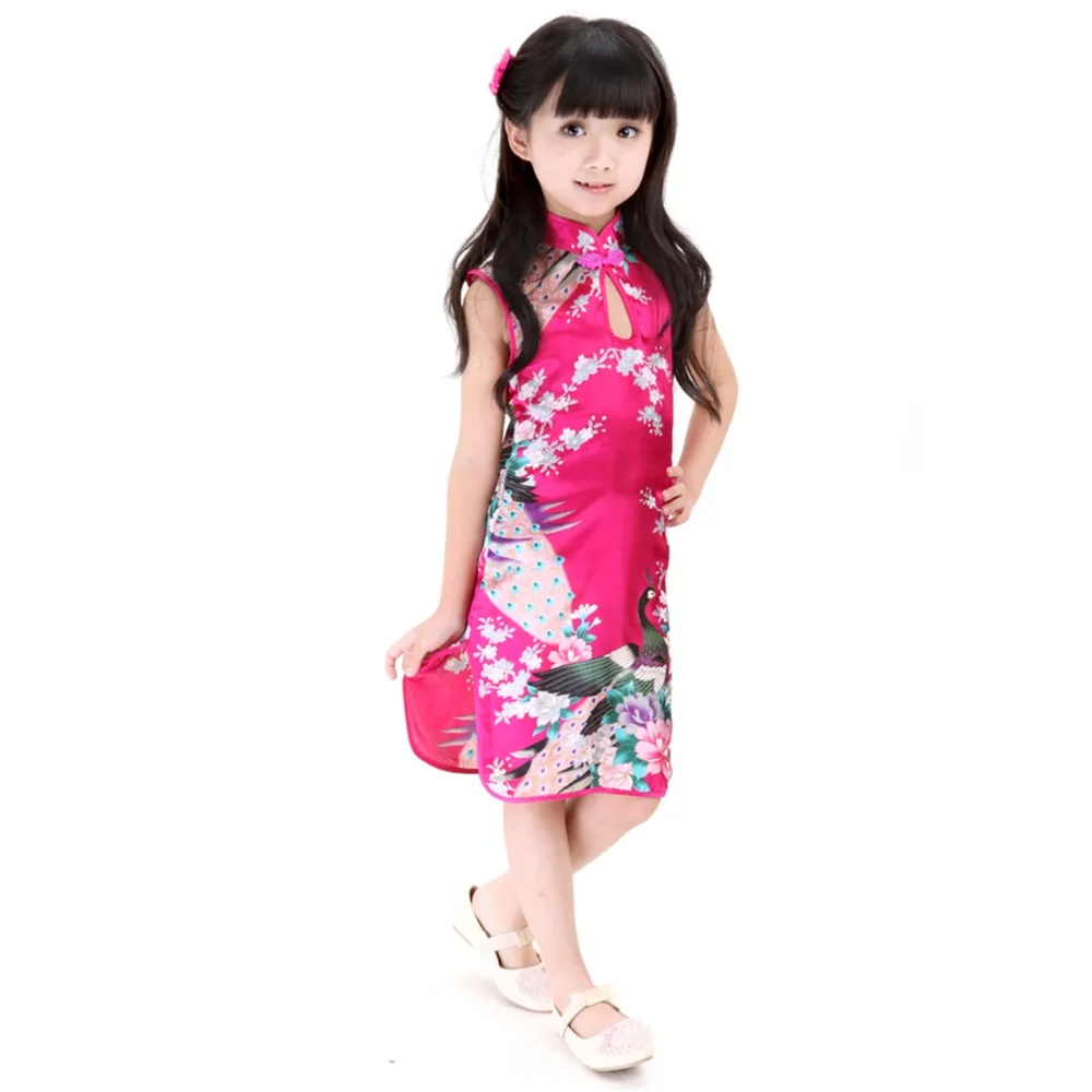 2Y-8Y Baby Girl Dress Peacock Sleeveless Slim Traditional Dress Cheongsam Girls Clothes Chinese Style Qipao baby chinese dress