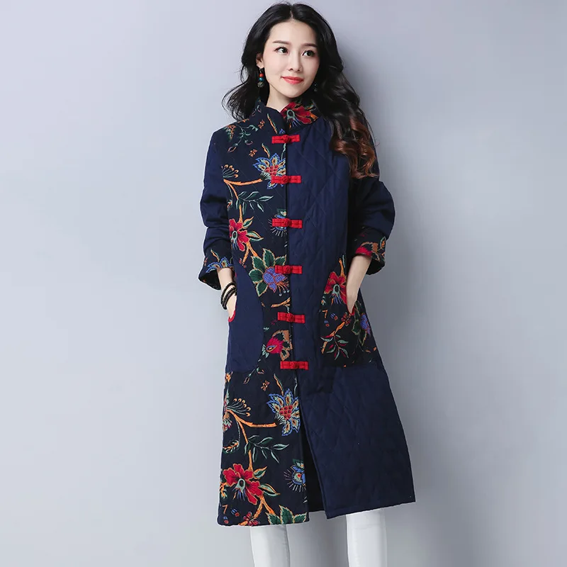 

2019 Autumn And Winter New Style Ethnic-Style Large Size Dress Retro Printed Joint Mid-length Cardigan Cotton Overcoat Women's
