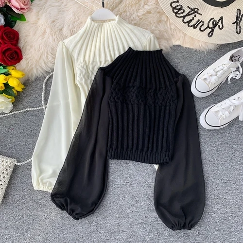 Черный Gagarich женский свитер осень зима вязаный шифоновый фонарь с длинным рукавом элегантные женские пуловеры сексуальные женские топы - Цвет: Черный