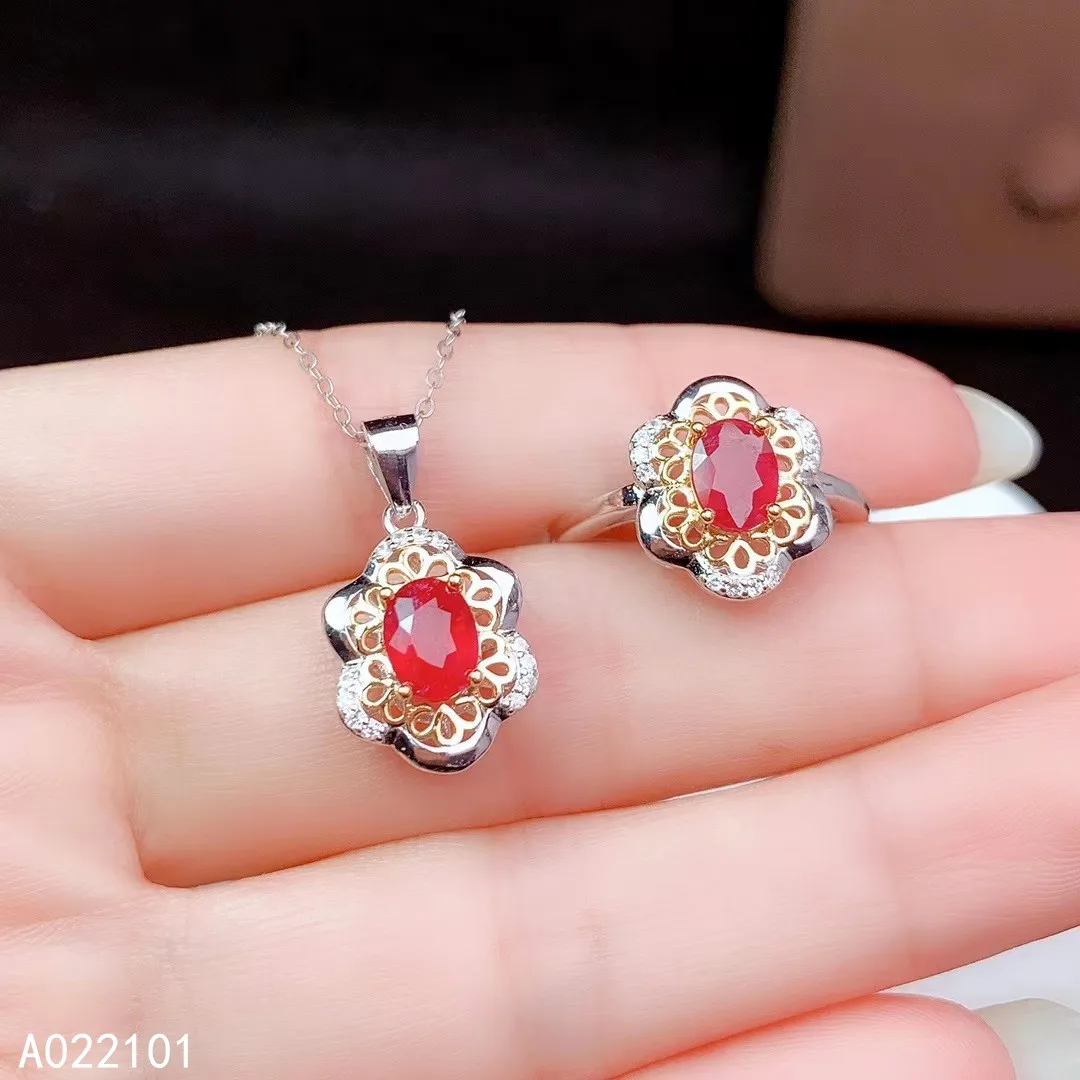 

KJJEAXCMY Fine Jewelry 925 sterling silver inlaid natural ruby girl fashion necklace pendant ring set support test Chinese style