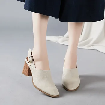 

2020 new summer new top layer cow leather thick heel Baotou shoes genuine leather back trip belt square head high heels