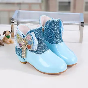 

New Winter Girls High Heel Boots Little Girl Elsa Princess Fashion Boots Beads Bow Warm Design Children Snow Boots