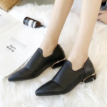 

2019 Autumn Rough Wind With Single Shoe With Deep Sharp Small Leather Shoes Leisure Time Women's Shoes