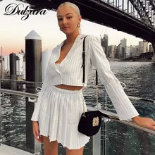 Dulzura/ осенне-зимний женский комплект из двух предметов с блейзером, укороченный топ, мини-плиссированная юбка, костюм, офисное пальто, верхняя одежда