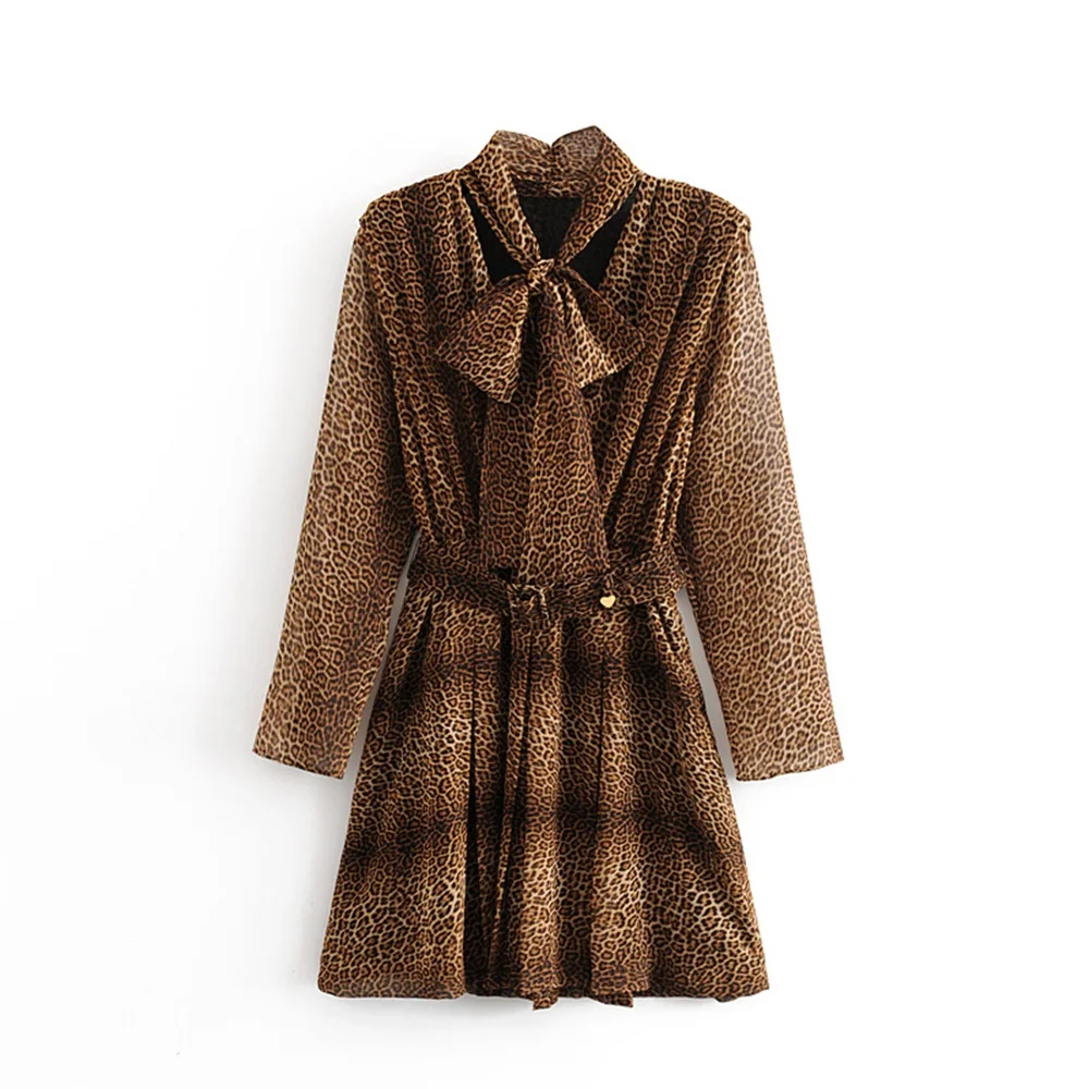 Autumn women's new bow-tied long sleeve with waistband thin LEOPARD PRINT MINI DRESS 08561105042 | Женская одежда