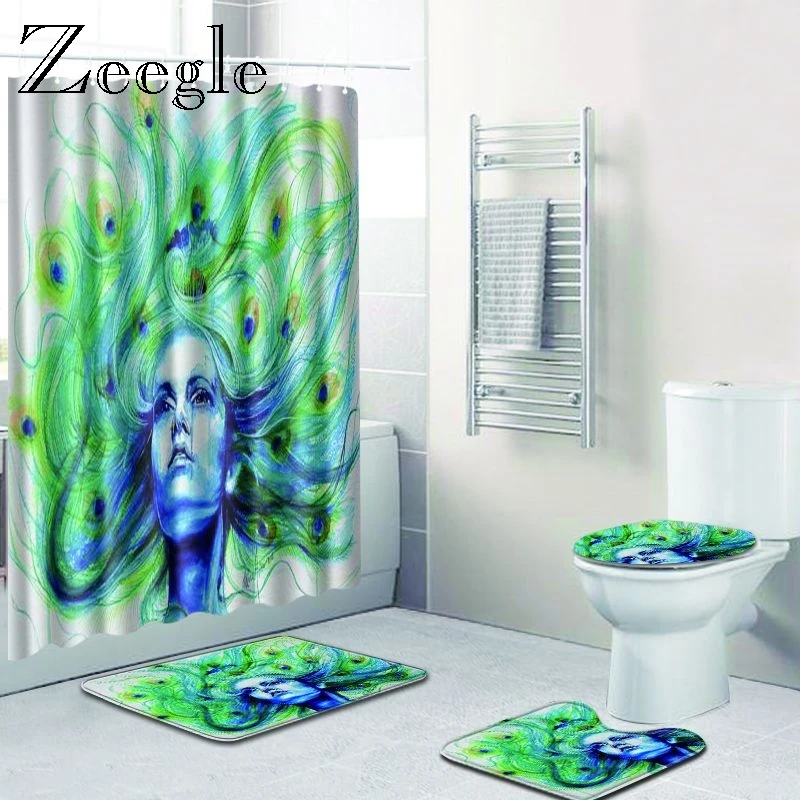 Zeegle Shower Curtain and Bath Mat Set Non Slip Bathroom Doormat Toilet Pedestal Rug Ployester Foot Mat Washable 4pcs Toilet Set