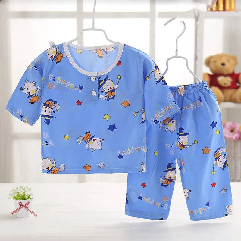 Летние Детские Bourette Pyjamas комплект нижнего белья для детей короткий рукав, из вельвета, для мальчика Детский жакет из денима для девочки; хлопковая Шелковая пижама из искусственного хлопка Кондиционер Hom