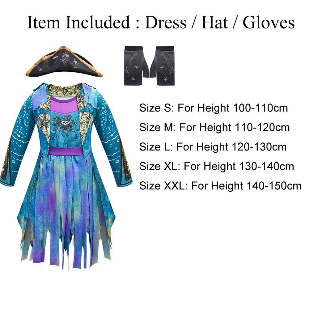 Dress Hat Gloves Snailify изображением героев фильма «наследники» 3 костюм Mal Bertha Малефисента кудри в прямом эфире зло прямые синие детские Косплэй костюм на Хэллоуин для девочек - Цвет: Dress Hat Gloves