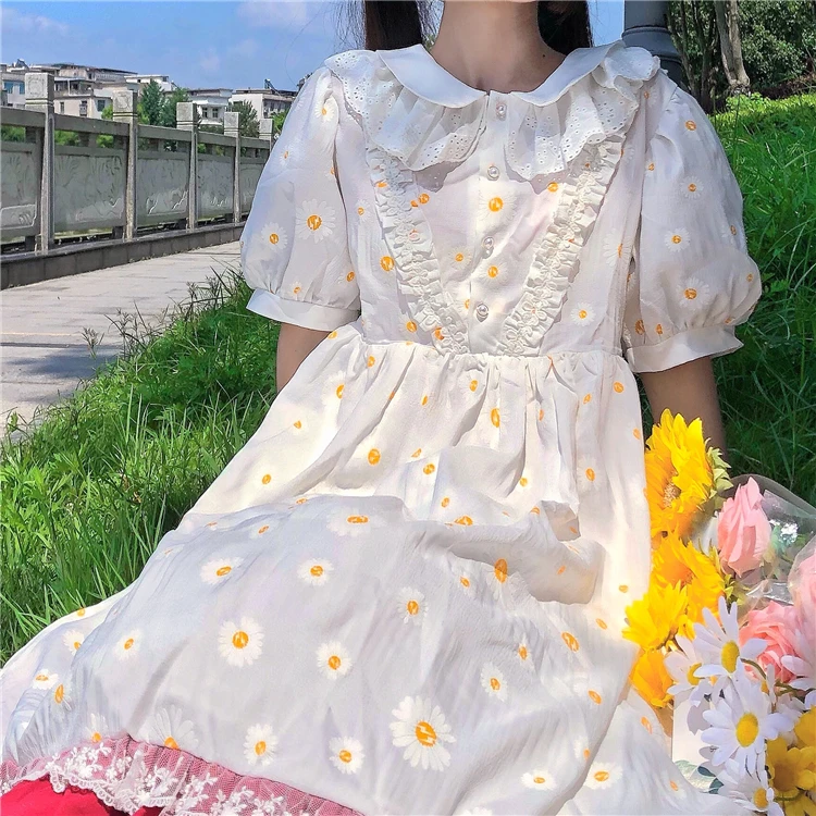 Japanese Lolita Style Sweet Soft Girl Dress Peter Pan Collar Cute Lace Splice Puff Sleeve Dresses Kawaii Ruffles Floral Dress