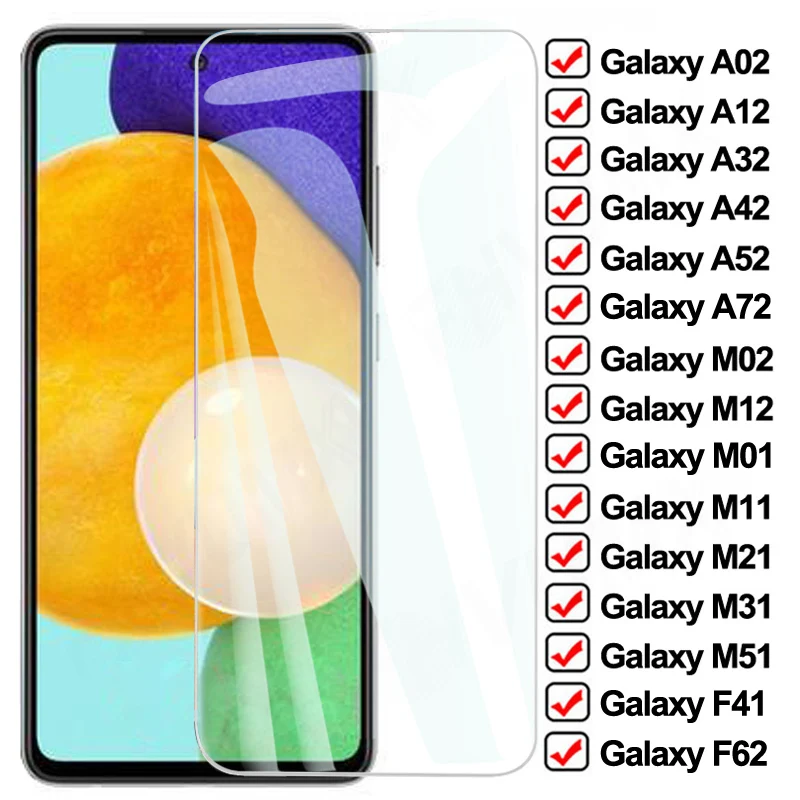 9D protectora completa de cristal para Samsung Galaxy A02 A12 A32 A42 A52 A72 F41 F62 Protector de pantalla M02 M12 M01 M11 M21 M31 M51 de vidrio