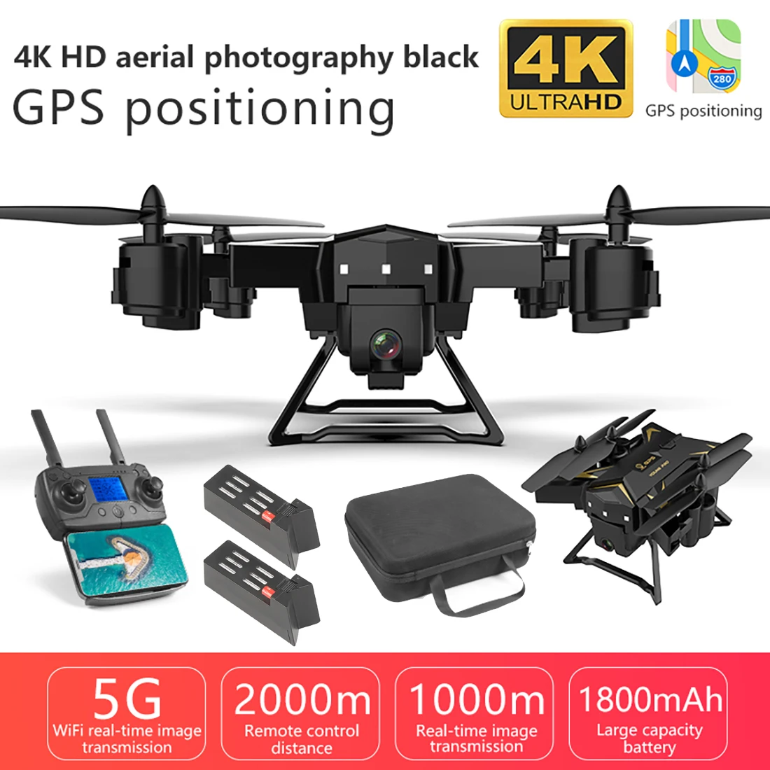 Профессиональный складной gps-дрон KY601G 4K HD камера 5G wifi FPV Дрон светодиодный 2,4G 4CH 1,8 км дальняя дистанция 20 минут полета RC Квадрокоптер - Цвет: Black 2 Batteries