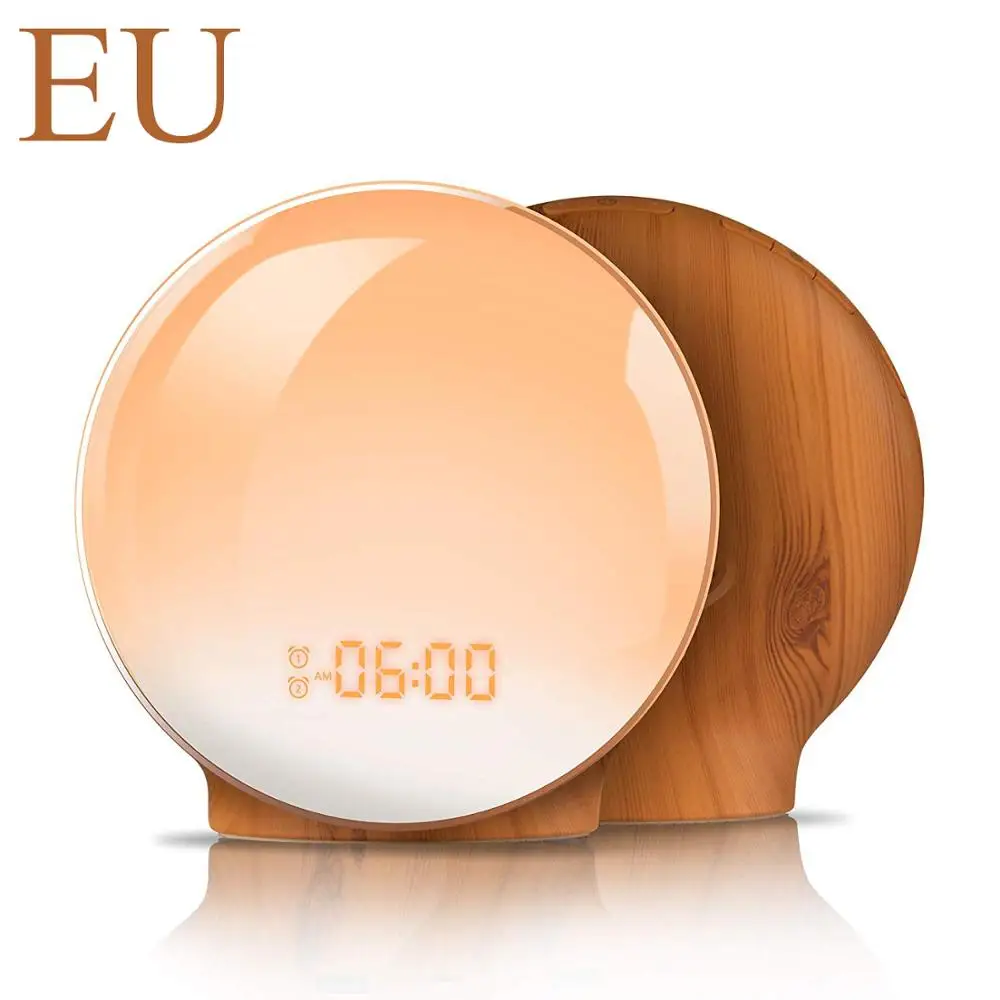 Будильник, будильник, светильник, цифровой Повтор, природа, ночная лампа, часы, рассвет, красочный светильник, с звуками природы, FM радио - Цвет: EU-yuan-Clock-Wood