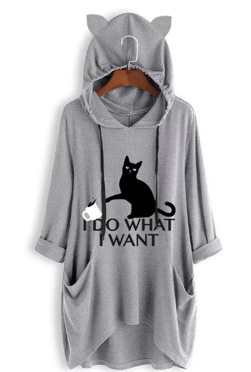 I Do What I Want, большие женские толстовки с капюшоном с принтом милого кота, женские толстовки с длинным рукавом, одноцветные свободные пальто с капюшоном, Женский Топ - Цвет: Grey