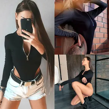 

Sexy Women Zipper Black Bodysuits Long Sleeve Bodysuit Leotard Bodycon Romper Top Jumpsuit