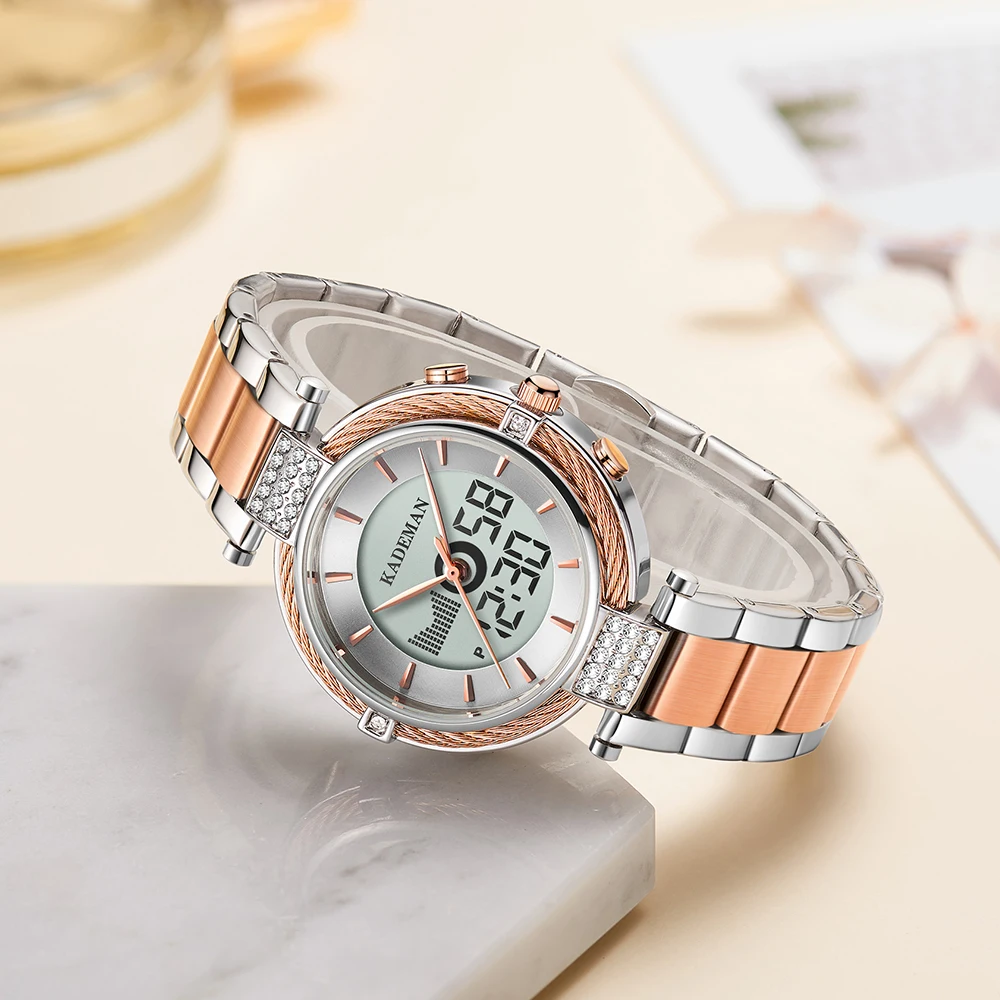 Kademan Relojes Para Mujer модные женские часы цифровой двойной дисплей Кварцевые часы из нержавеющей стали водонепроницаемые наручные часы