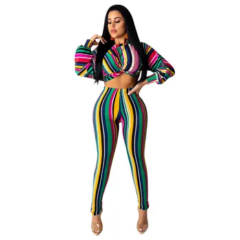 

Autumn Colorful Striped Two Piece Set Women Tracksuit Long Sleeves Draped Crop Top+Pencil Pants Sweat Suits 2 Pcs Matching Sets